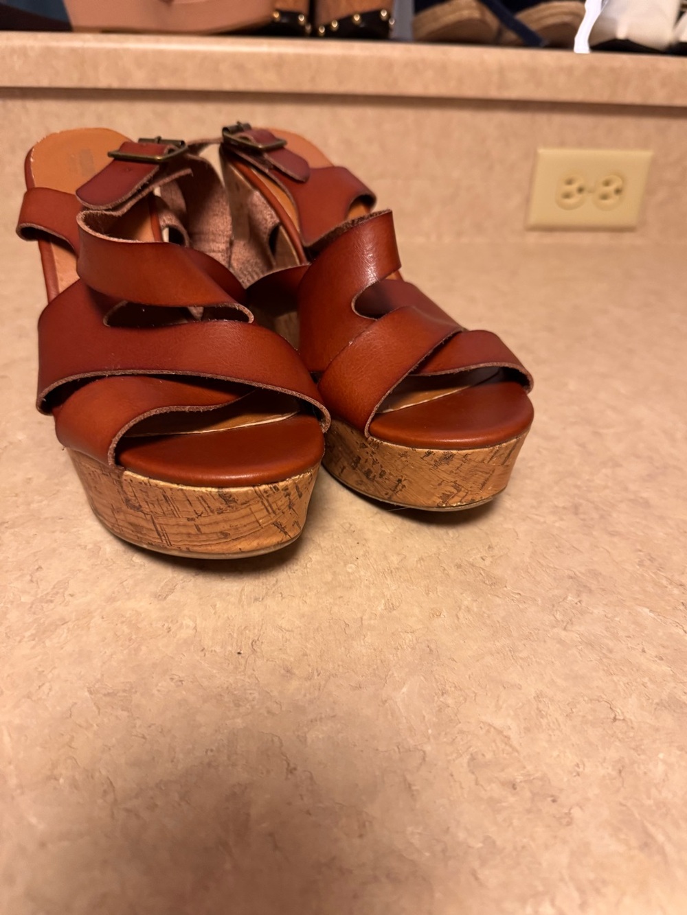Women's Brown Leather Cork Wedge Sandals Size 10